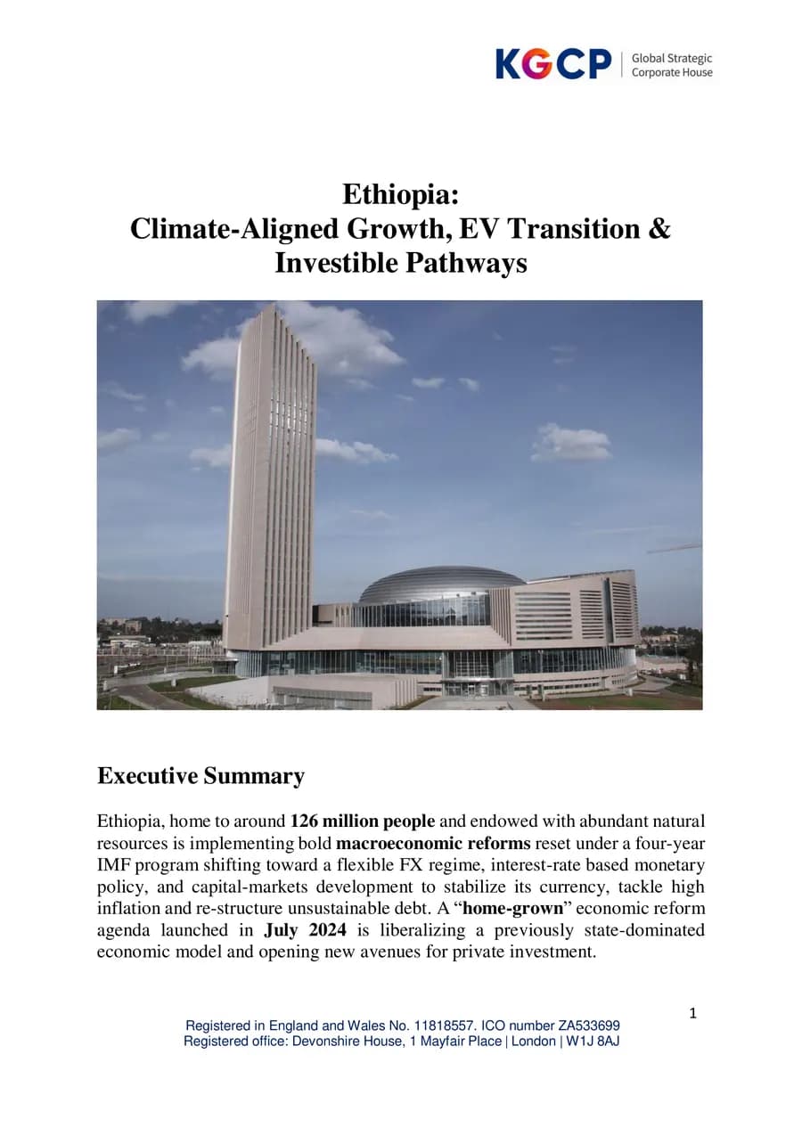 First page of Ethiopia: Climate-Aligned Growth, EV Transition & Investible Pathways