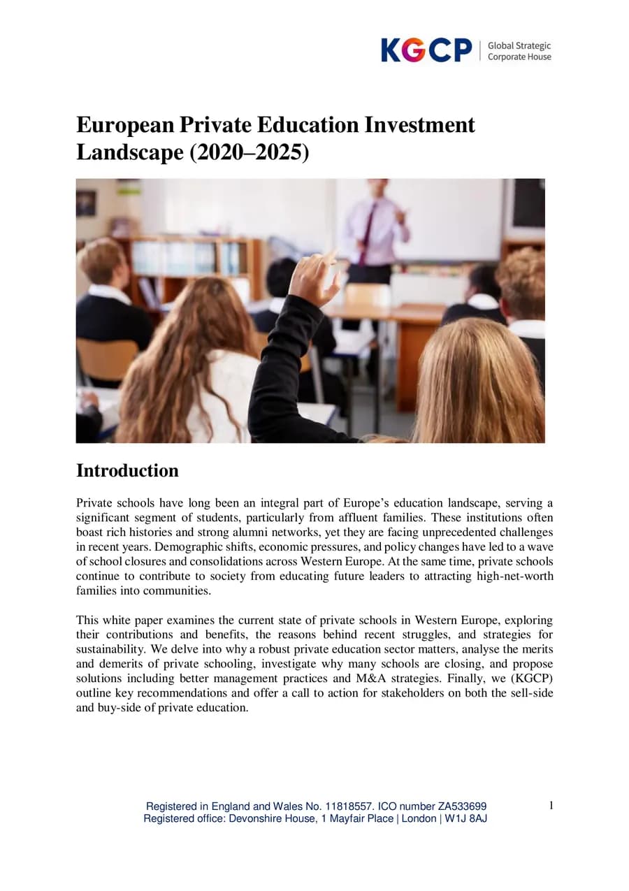 First page of European Private Education Investment Landscape